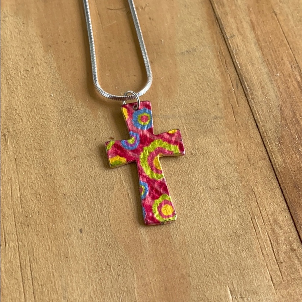 MultiColored Circle Pattern Cross Pendant Necklace